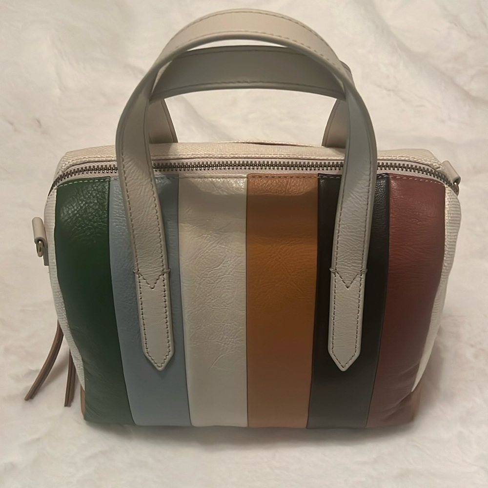 Fossil Striped Leather Satchel - Green, Blue, White, Tan, Black, Brown